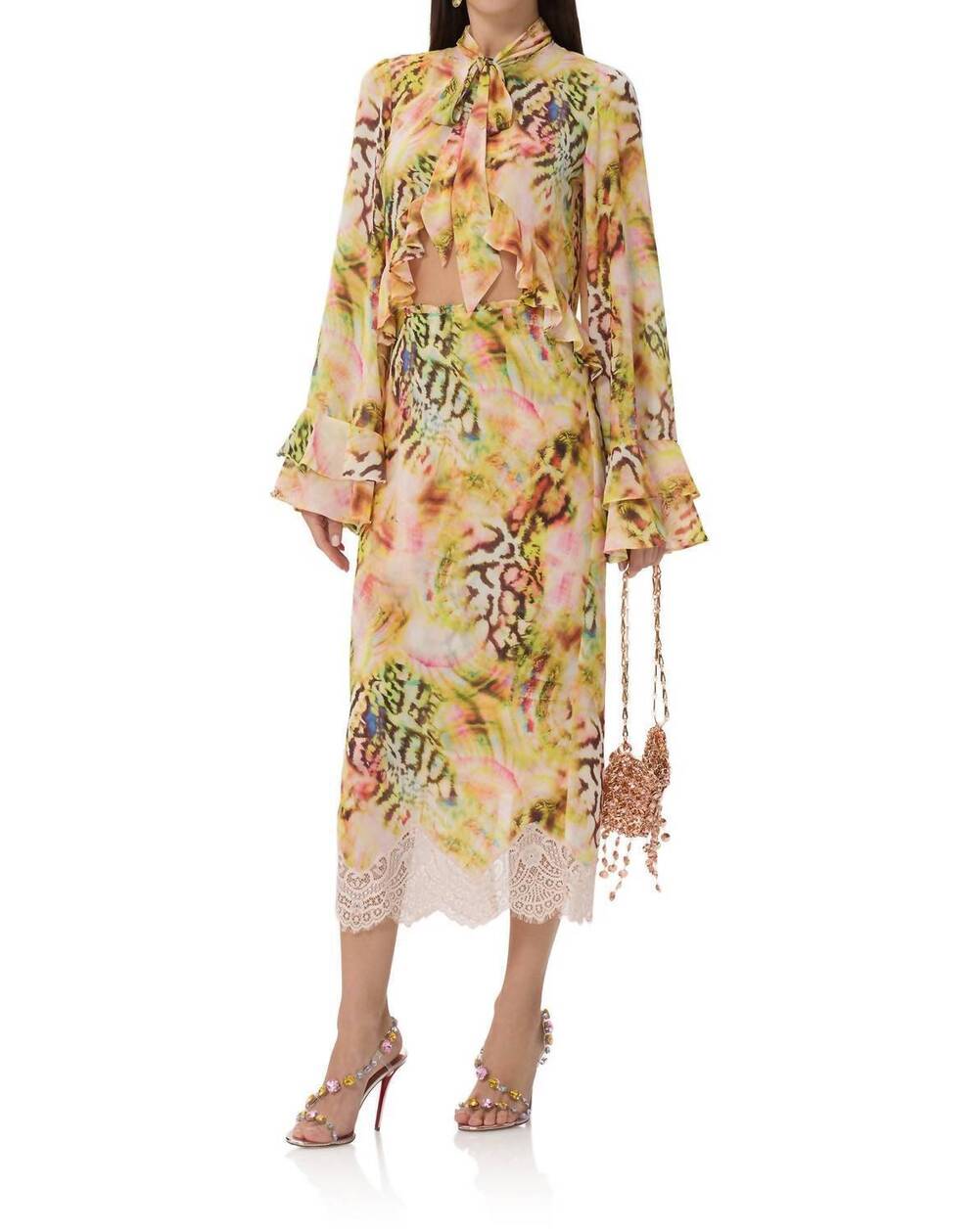 NEW AFRM aldora ruffle long sleeve top in pink shell swirl